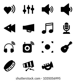 Solid vector icon set - heart beat vector, settings, volume medium, low, fast backward, loudspeaker, music, microphone, wireless headphones, speaker, record button, guitar, tambourine, xylophone