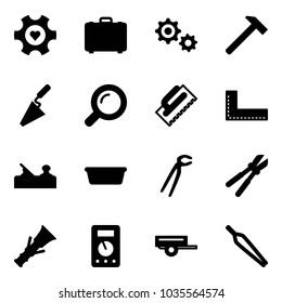 Solid vector icon set - heart gear vector, case, hammer, trowel, magnifier, corner ruler, jointer, basin, plumber, bolt cutter, dowel, multimeter, trailer, forceps