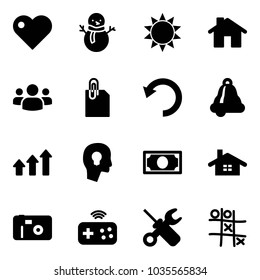 Solid vector icon set - heart vector, snowman, sun, home, group, attachment, undo, bell, arrows up, head bulb, money, photo, joystick wireless, wrench screwdriver, Tic tac toe