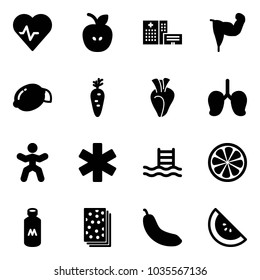 Solid vector icon set - heart pulse vector, apple, hospital building, power hand, lemon, carrot, lungs, gymnastics, ambulance star, pool, slice, milk, breads, banana, watermelone