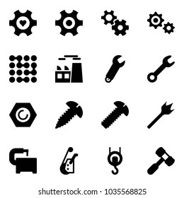 Solid vector icon set - heart gear vector, circuit, plant, wrench, nut, screw, wood drill, machine tool, winch, toy hammer