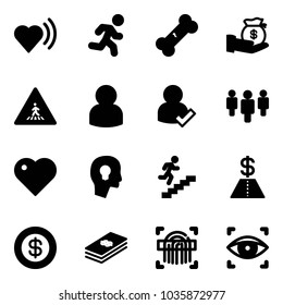 Solid vector icon set - heart beat vector, run, broken bone, investment, pedestrian road sign, user, check, group, head bulb, career, dollar, fingerprint scanner, eye
