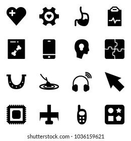 Solid vector icon set - heart vector, gear, stomach, pulse clipboard, x ray, phone, head bulb, puzzle, luck, fishing, wireless headphones, cursor, cpu, milling cutter, toy, cube hole