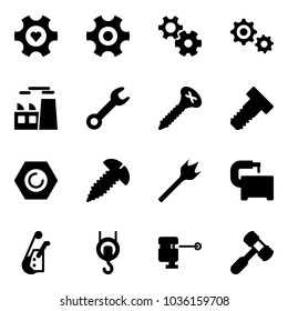 Solid vector icon set - heart gear vector, plant, wrench, screw, bolt, nut, wood drill, machine tool, winch, laser lever, toy hammer