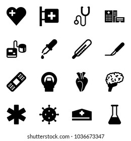 Solid vector icon set - heart vector, first aid room, stethoscope, hospital building, tonometer, pipette, thermometer, scalpel, medical patch, mri, brain, ambulance star, virus, doctor hat, flask