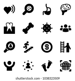 Solid vector icon set - heart beat vector, bacteria, stomach, brain, tooth, broken bone, virus, group, head hunter, career, dollar, opportunity, success, star man, feet, fingerprint scanner
