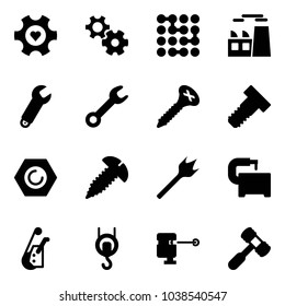 Solid vector icon set - heart gear vector, circuit, plant, wrench, screw, bolt, nut, wood drill, machine tool, winch, laser lever, toy hammer