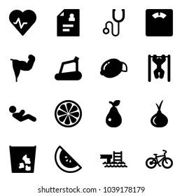 Solid vector icon set - heart pulse vector, patient card, stethoscope, floor scales, power hand, treadmill, lemon, pull ups, abdominal muscles, slice, pear, onion, garbage, watermelone, pool, bike