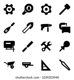 Solid vector icon set - heart gear vector, head hunter, rubber hammer, chisel, tile drill, machine, tool, jig saw, rasp, wrench, oiler, wheelbarrow, trailer, corner ruler, forceps