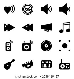 Solid vector icon set - heart beat vector, no horn road sign, volume medium, low, fast forward, backward, loudspeaker, music, player, wireless speaker, cd, record button, guitar, toy, piano, radio