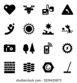Solid vector icon set    heart vector  christmas deer  tonometer  turn left road sign  flying man  sun  reading  palm  photo  forest  mobile phone  power  binary code  carbon  nut  rake