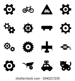 Solid vector icon set - heart gear vector, bike, road for moto sign, hand wheel, skateboard, saw disk, milling cutter, jack, wheelbarrow, car toy, cat