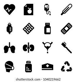 Solid vector icon set - heart pulse vector, diet list, drop counter, thermometer, pills blister, bottle, medical patch, lungs, kidneys, bladder, tooth brush, mask, doctor hat, recycling