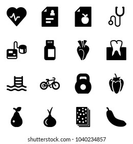 Solid vector icon set - heart pulse vector, patient card, diet list, stethoscope, tonometer, pills bottle, tooth, pool, bike, weight, sweet pepper, pear, onion, breads, banana