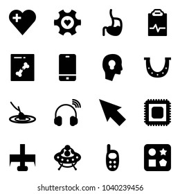 Solid vector icon set - heart vector, gear, stomach, pulse clipboard, x ray, phone, head bulb, luck, fishing, wireless headphones, cursor, cpu, milling cutter, ufo toy, cube hole