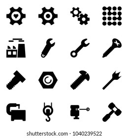 Solid vector icon set - heart gear vector, circuit, plant, wrench, screw, bolt, nut, wood drill, machine tool, winch, laser lever, toy hammer