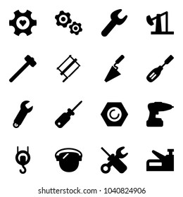Solid vector icon set - heart gear vector, gears, wrench, oil derrick, sledgehammer, bucksaw, trowel, chisel, screwdriver, nut, drill, winch, protect glass, stapler