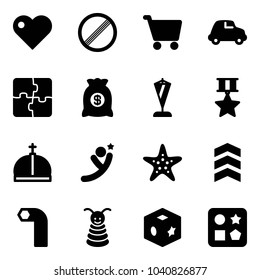 Solid vector icon set - heart vector, no limit road sign, cart, car, puzzle, money bag, pennant, star medal, crown, flying man, starfish, chevron, allen key, pyramid toy, cube, hole