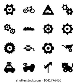 Solid vector icon set - heart gear vector, bike, road for moto sign, gears, limousine, hand wheel, saw disk, jack, wheelbarrow, car toy, baby, windmill, cat