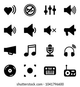 Solid vector icon set - heart beat vector, no horn road sign, settings, volume max, medium, low, off, loudspeaker, music, microphone, wireless headphones, cd, record button, toy piano, radio