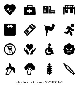 Solid vector icon set - heart pulse vector, doctor bag, hospital building, vial, floor scales, medical patch, power hand, run, no alcohol sign, care, disabled, virus, banana, broccoli, spica