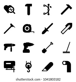 Solid vector icon set - heart diagnosis vector, work, bezier, hammer, mason, measuring tape, clinch, tile drill, machine, shovel, rake, jig saw, winch, knife, allen key