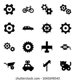 Solid vector icon set - heart gear vector, bike, gears, limousine, hand wheel, saw disk, milling cutter, jack, wheelbarrow, car toy, windmill, cat