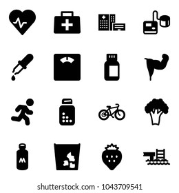 Solid vector icon set - heart pulse vector, doctor bag, hospital building, tonometer, pipette, floor scales, pills bottle, power hand, run, bike, broccoli, milk, garbage, strawberry, pool