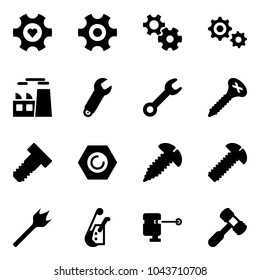 Solid vector icon set - heart gear vector, plant, wrench, screw, bolt, nut, wood drill, winch, laser lever, toy hammer