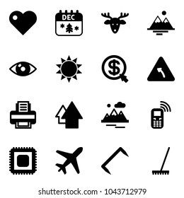 Solid vector icon set - heart vector, christmas calendar, deer, mountains, eye, sun, money click, turn left road sign, printer, arrow up, mobile phone, cpu, plane, staple, rake