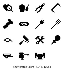 Solid vector icon set - heart diagnosis vector, bucket scoop, pliers, staple, screw, protective glasses, wood drill, farm fork, jack, paint roller, wrench hammer, oiler, trailer, laser lever