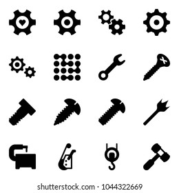 Solid vector icon set - heart gear vector, circuit, wrench, screw, bolt, wood drill, machine tool, winch, toy hammer