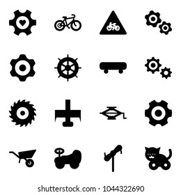 Solid vector icon set - heart gear vector, bike, road for moto sign, gears, hand wheel, skateboard, saw disk, milling cutter, jack, wheelbarrow, baby car, toy windmill, cat