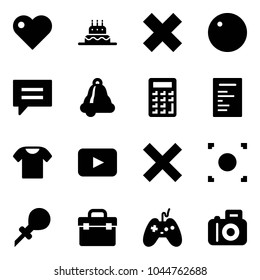 Solid vector icon set - heart vector, cake, delete cross, record, chat, bell, calculator, document, t shirt, playback, button, oiler, tool box, joystick, camera