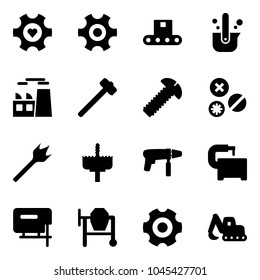 Solid vector icon set - heart gear vector, conveyor, casting of steel, plant, sledgehammer, screw, rivet, wood drill, crown, machine, tool, jig saw, cocncrete mixer, excavator toy