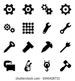 Solid vector icon set - heart gear vector, circuit, wrench, screw, bolt, wood drill, machine tool, winch, toy hammer
