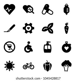 Solid vector icon set - heart pulse vector, diagnosis, pills, drop counter, scalpel, gear, three leafs, carrot, no alcohol sign, disabled, liquid soap, stopwatch, sun, bike, sweet pepper, broccoli