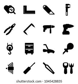 Solid vector icon set - heart diagnosis vector, corner ruler, work knife, pliers, staple, drill machine, winch, tool cabinet, lawn mower, oiler, allen key set, awl, forceps, shovel fork toy