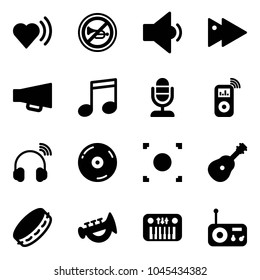 Solid vector icon set - heart beat vector, no horn road sign, low volume, fast forward, loudspeaker, music, microphone, player, wireless headphones, cd, record button, guitar, tambourine, toy, piano