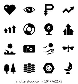 Solid vector icon set - heart vector, eye, ruble, growth arrow, arrows up, circle chart, money tree, reading, photo, waves, dragonfly, forest, carbon, nut, moon lamp