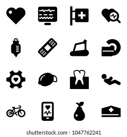 Solid vector icon set - heart vector, diagnostic monitor, first aid room, diagnosis, drop counter, medical patch, treadmill, mri, gear, lemon, tooth, abdominal muscles, bike, mobile, pear