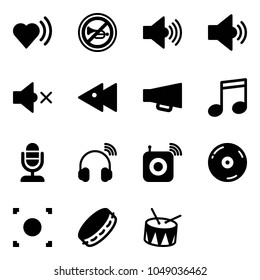 Solid vector icon set - heart beat vector, no horn road sign, volume max, medium, off, fast backward, loudspeaker, music, microphone, wireless headphones, speaker, cd, record button, tambourine