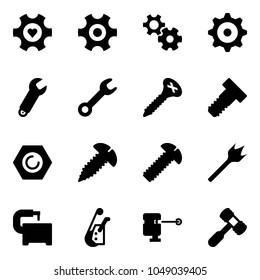 Solid vector icon set - heart gear vector, wrench, screw, bolt, nut, wood drill, machine tool, winch, laser lever, toy hammer