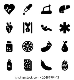 Solid vector icon set - heart pulse vector, pipette, treadmill, liver, pull ups, abdominal muscles, ambulance star, pills bottle, lemon slice, eggplant, pear, milk, breads, banana, pineapple