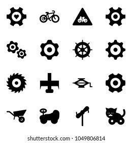 Solid vector icon set - heart gear vector, bike, road for moto sign, gears, hand wheel, saw disk, milling cutter, jack, wheelbarrow, baby car, toy windmill, cat