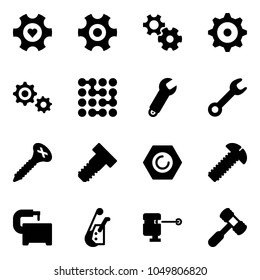 Solid vector icon set - heart gear vector, circuit, wrench, screw, bolt, nut, machine tool, winch, laser lever, toy hammer