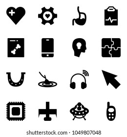 Solid vector icon set - heart vector, gear, stomach, pulse clipboard, x ray, phone, head bulb, puzzle, luck, fishing, wireless headphones, cursor, cpu, milling cutter, ufo toy