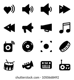 Solid vector icon set - heart beat vector, volume medium, low, fast forward, backward, loudspeaker, music, wireless speaker, cd, record button, tambourine, drum, horn toy, piano, radio