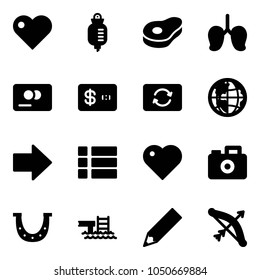 Solid vector icon set - heart vector, drop counter, meat, lungs, credit card, exchange, globe, right arrow, menu, camera, luck, pool, pencil, bow