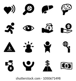 Solid vector icon set - heart beat vector, bacteria, liver, brain, run, eye, investment, pedestrian road sign, idea, success, world, rich, dollar, money